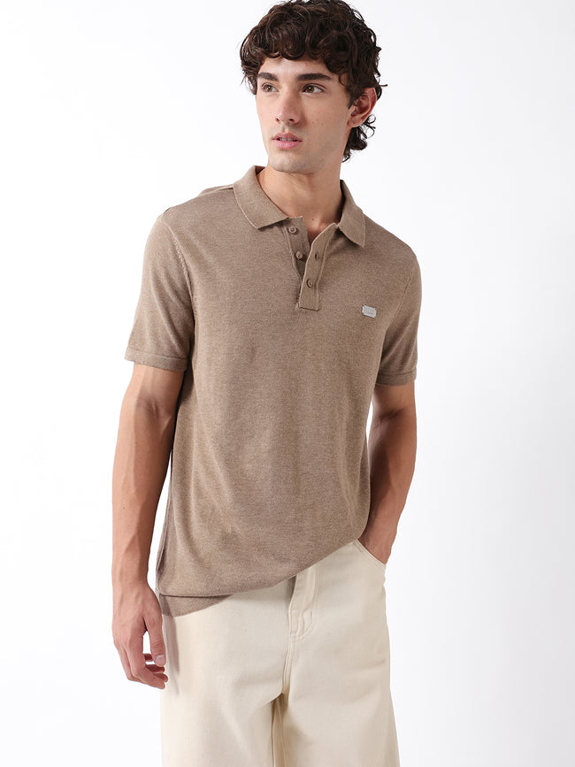 Men Beige Solid Cotton Flat Knit Polo T-Shirt