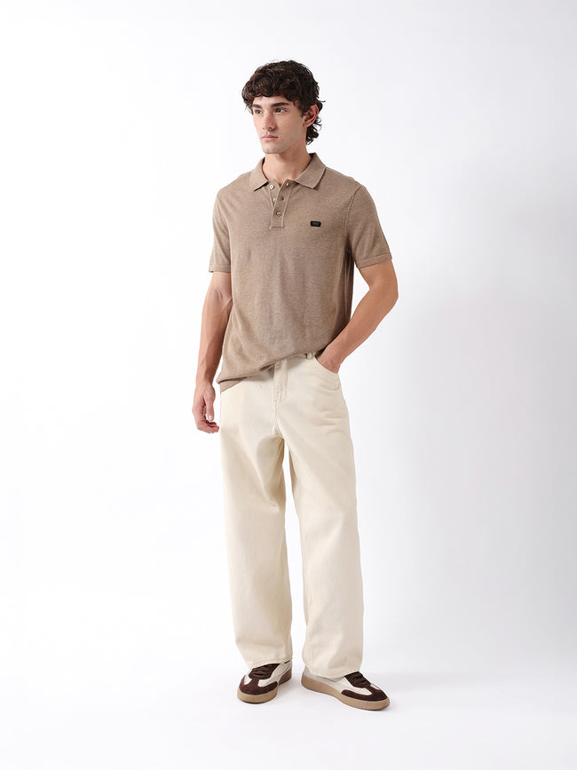 Men Beige Solid Cotton Flat Knit Polo T-Shirt