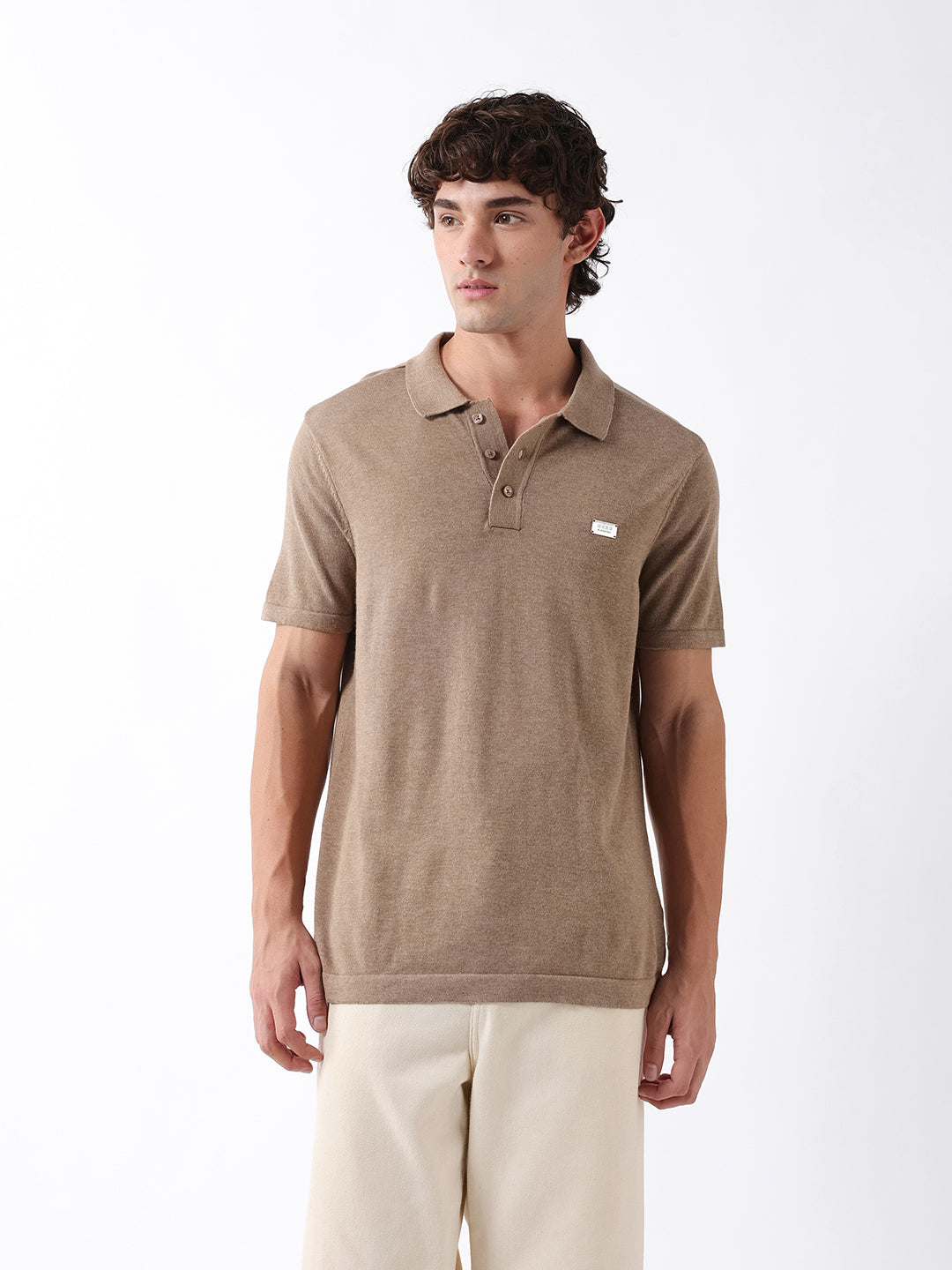 Men Beige Solid Cotton Flat Knit Polo T-Shirt