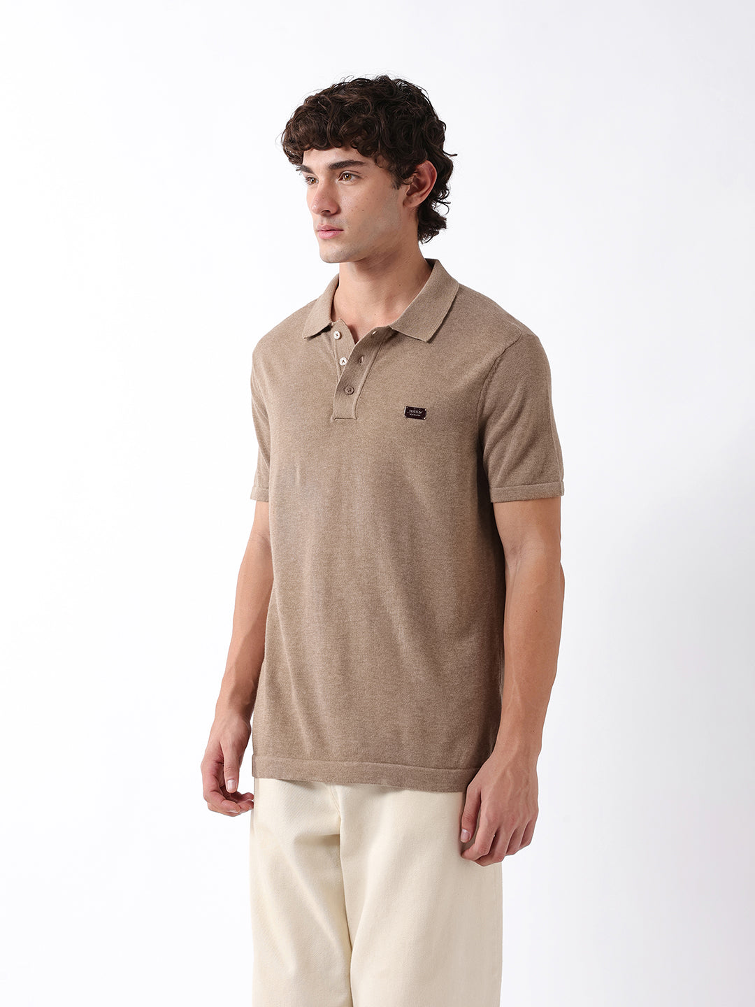 Men Beige Solid Cotton Flat Knit Polo T-Shirt
