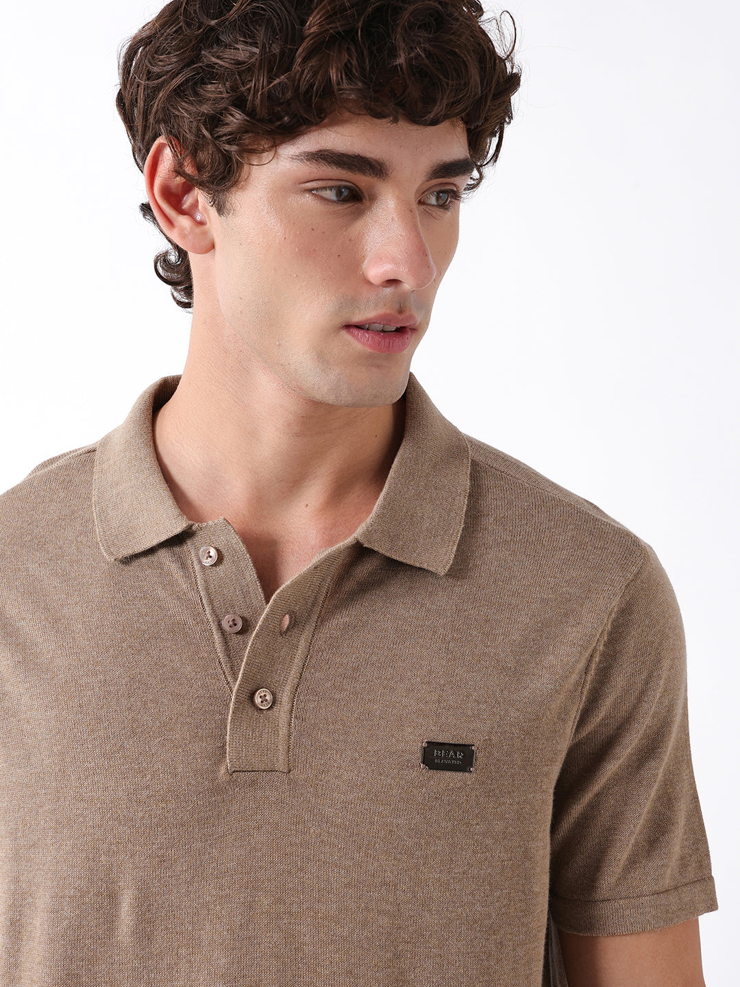 Men Beige Solid Cotton Flat Knit Polo T-Shirt