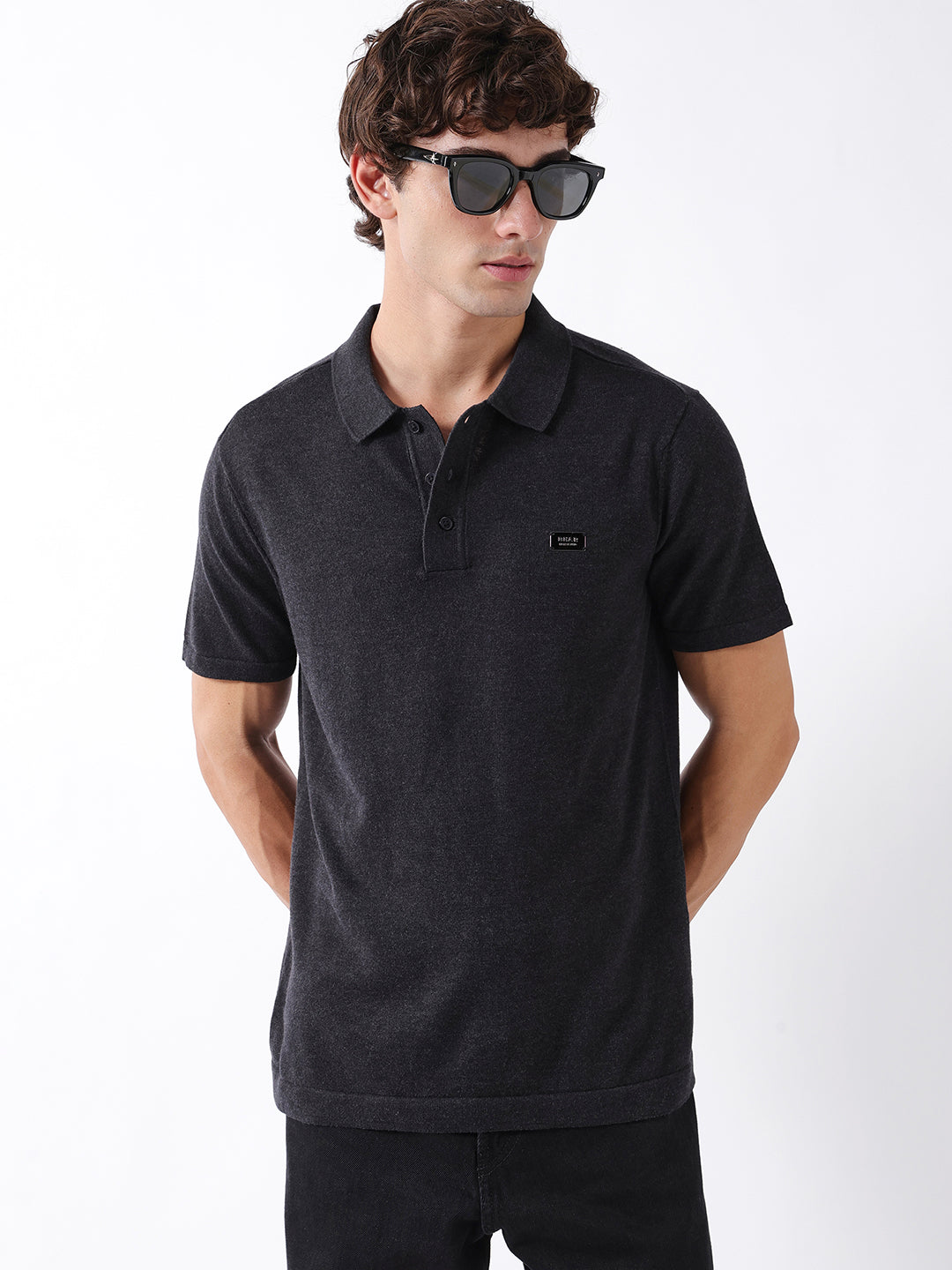 Men Black Solid Cotton Flat Knit Polo T-Shirt