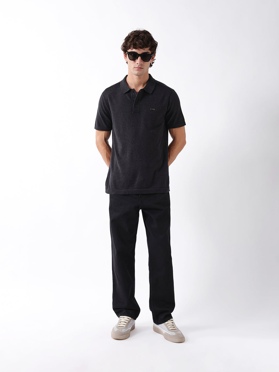Men Black Solid Cotton Flat Knit Polo T-Shirt