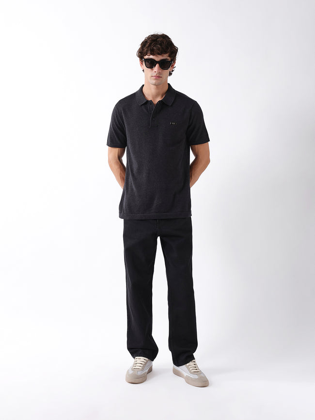 Men Black Solid Cotton Flat Knit Polo T-Shirt