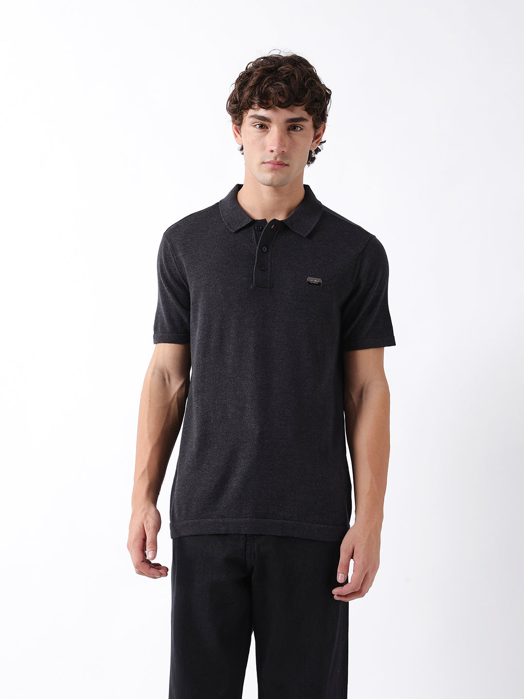 Men Black Solid Cotton Flat Knit Polo T-Shirt