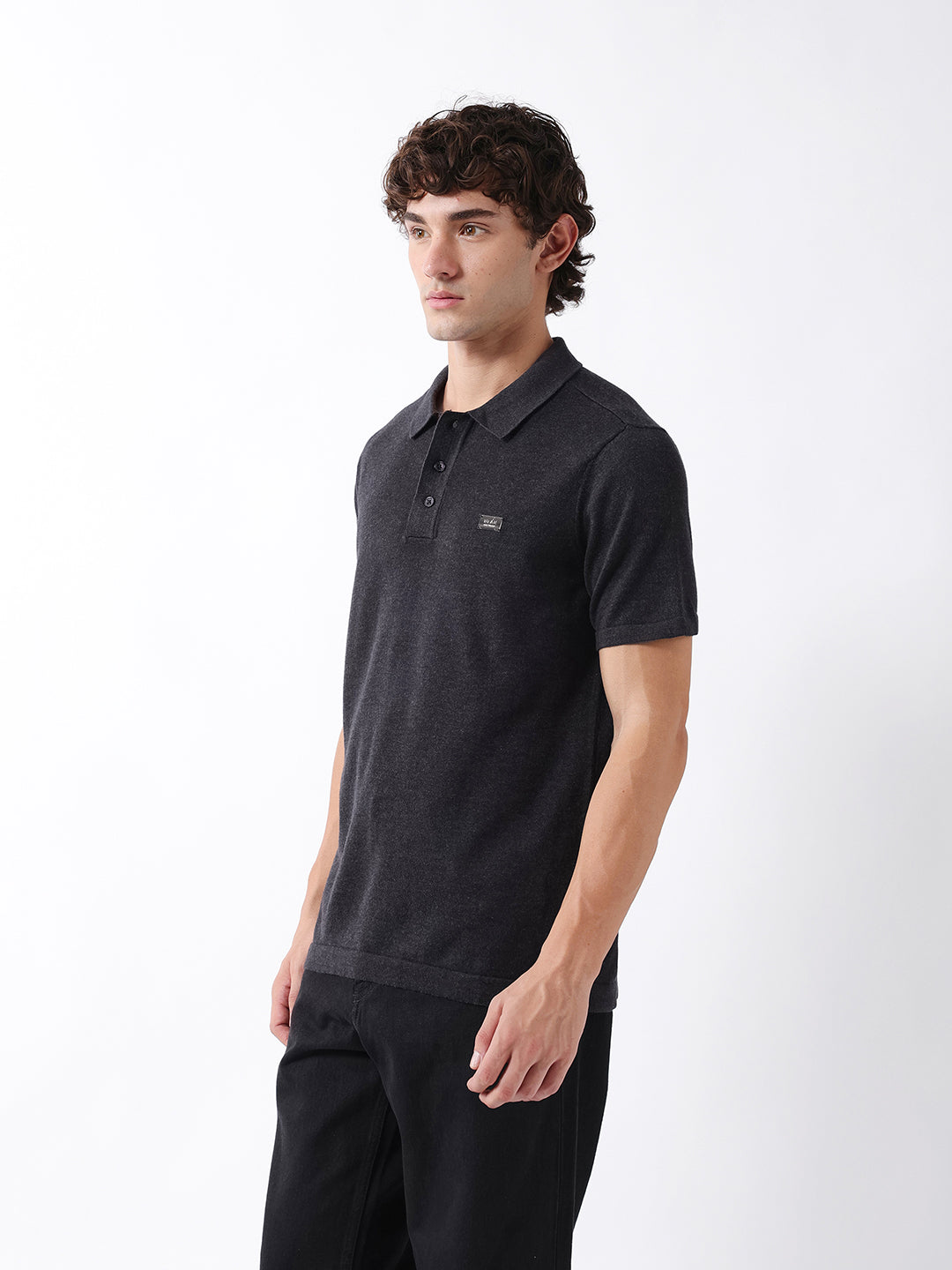 Men Black Solid Cotton Flat Knit Polo T-Shirt
