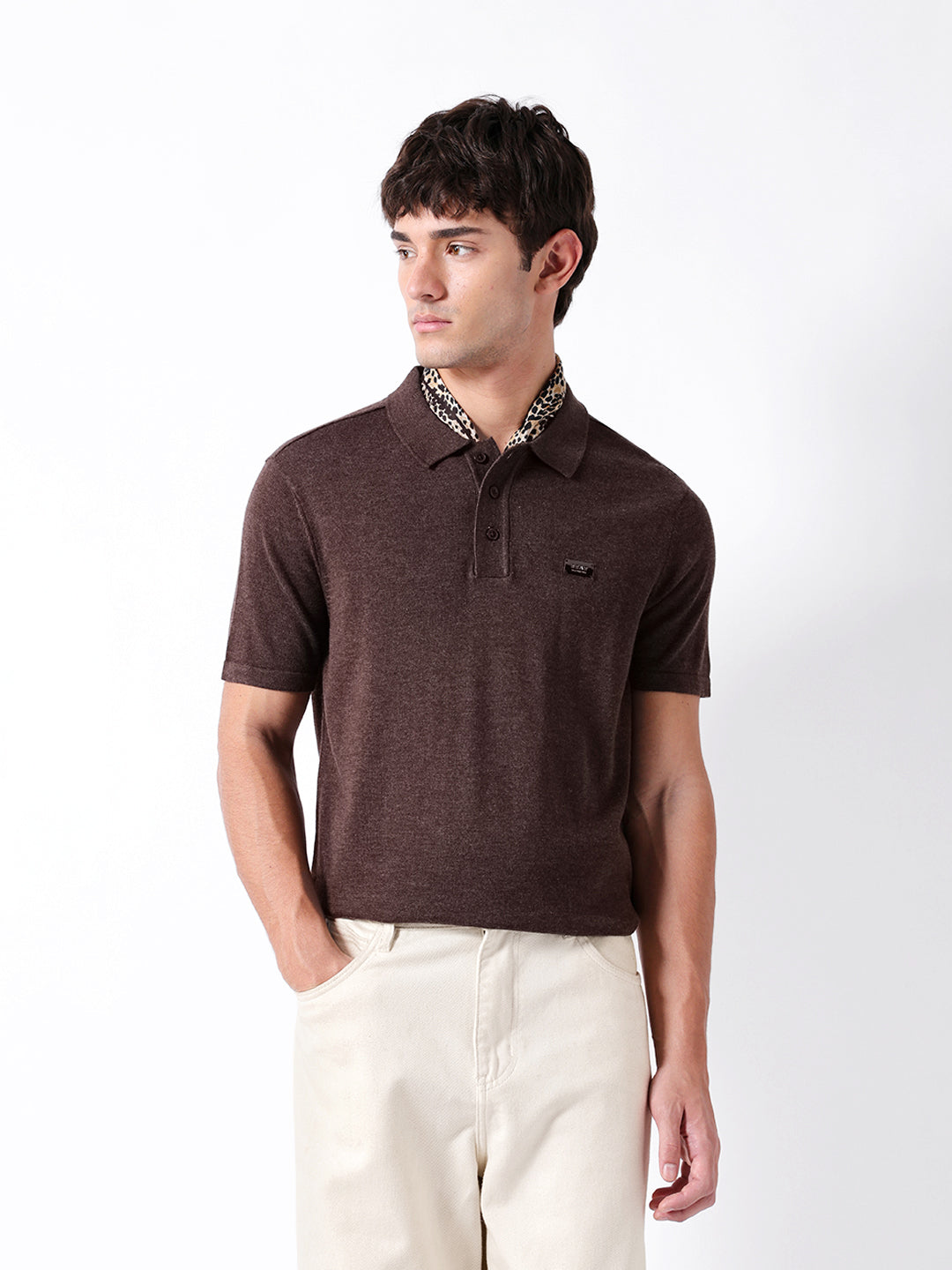 Men Brown Solid Cotton Polo
