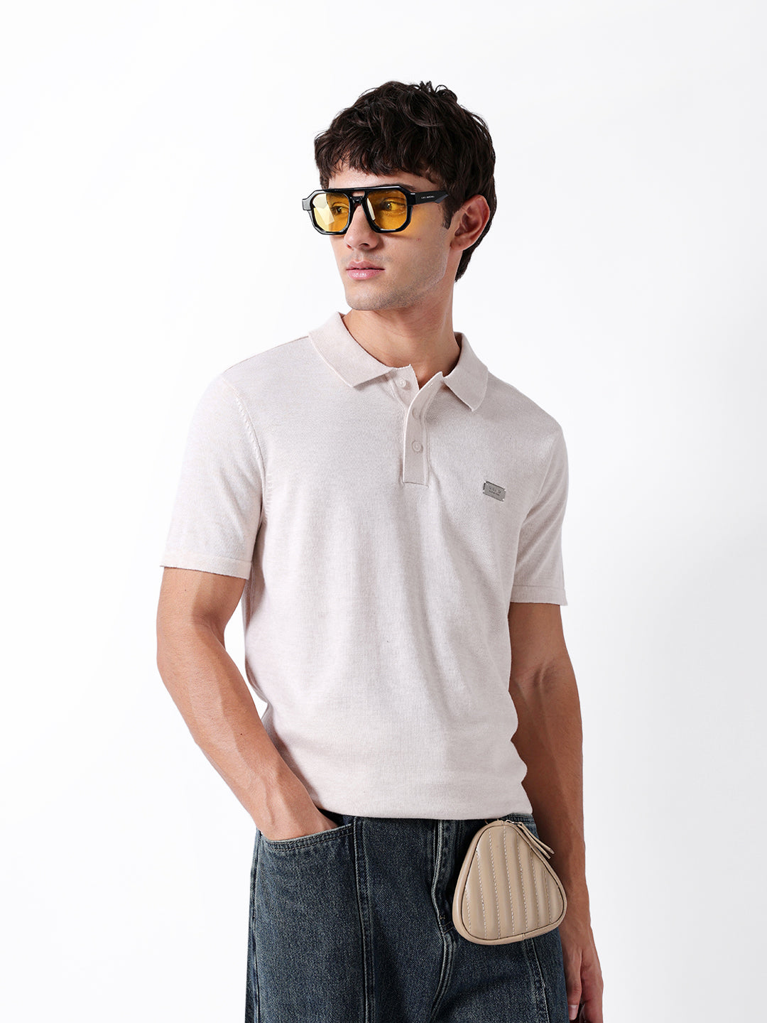 Men Cream Solid Cotton Polo
