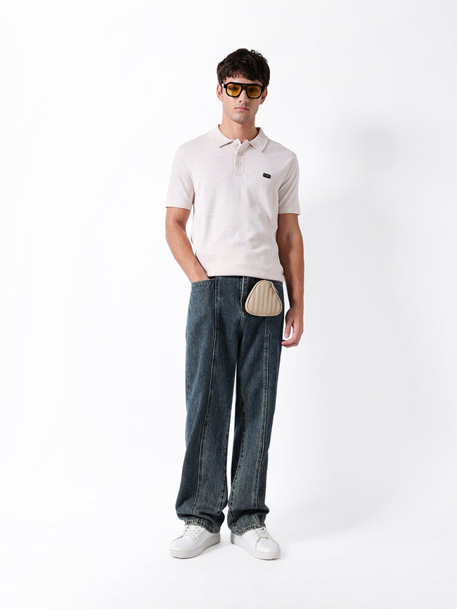 Men Cream Solid Cotton Polo