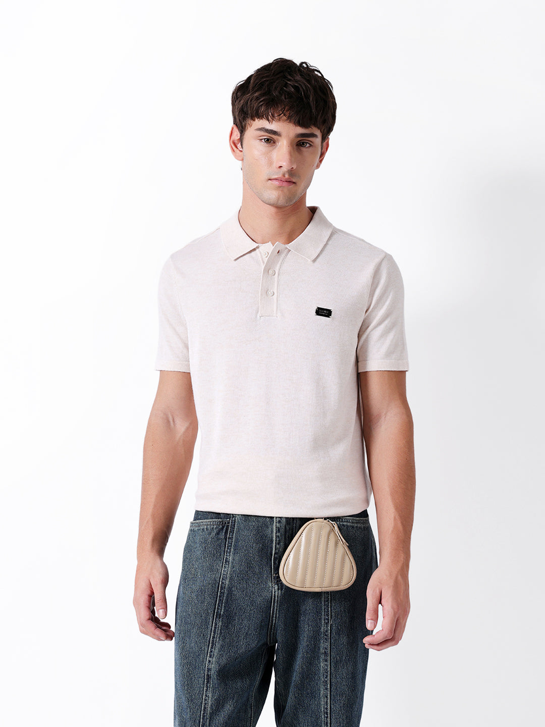 Men Cream Solid Cotton Polo