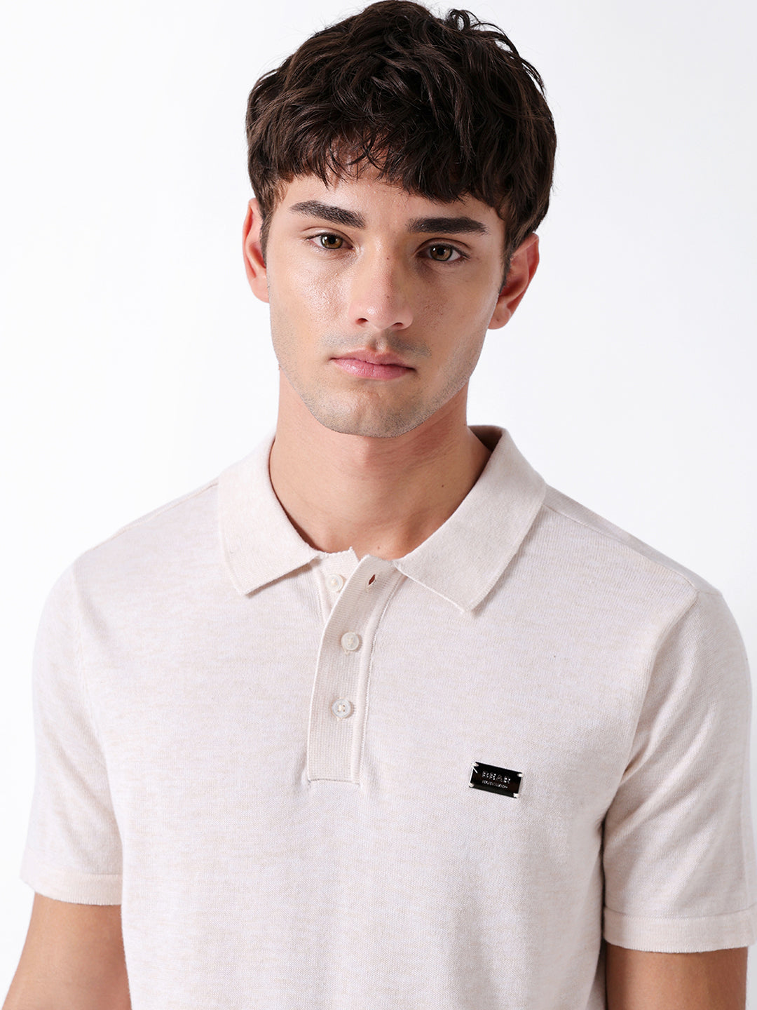 Men Cream Solid Cotton Polo