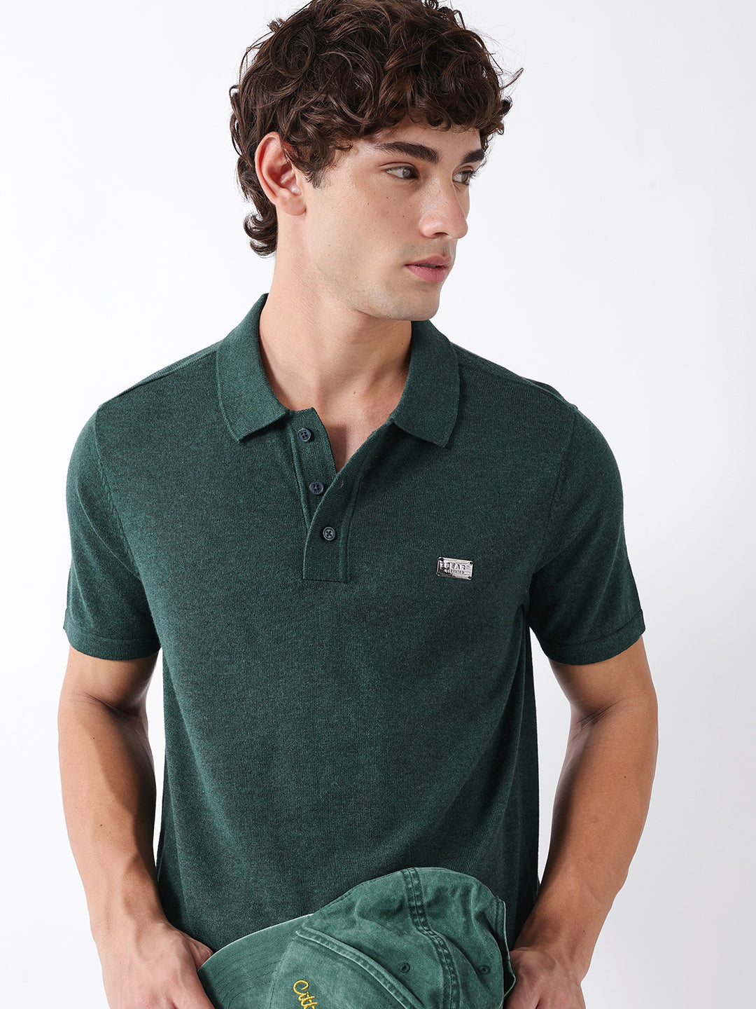 Men Green Solid Cotton Flat Knit Polo T-Shirt