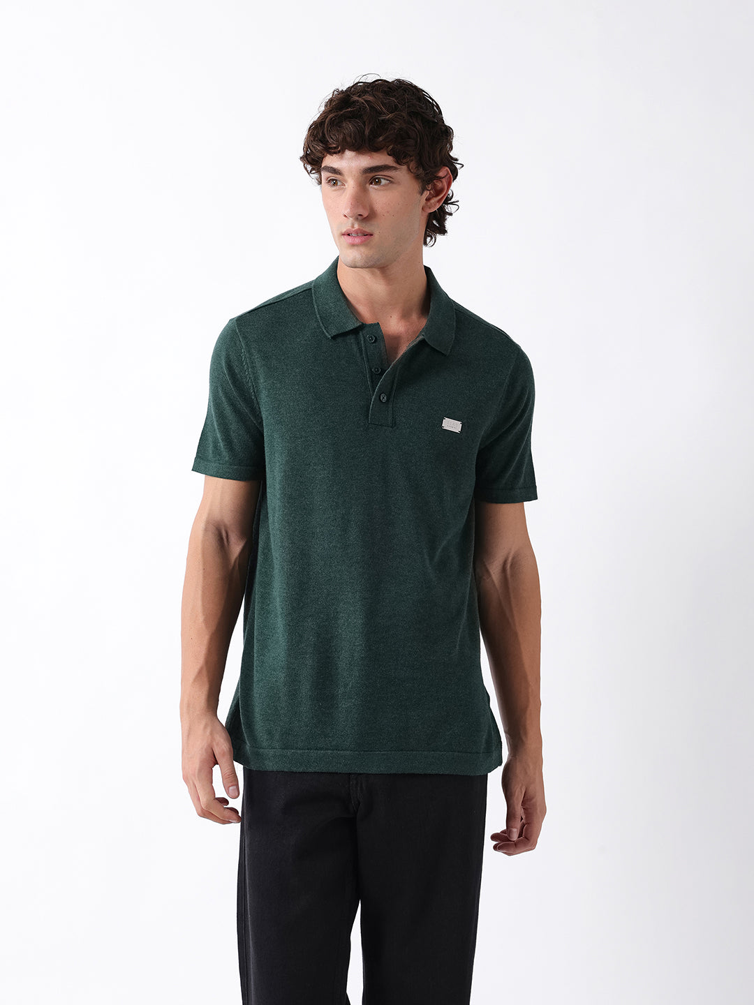 Men Green Solid Cotton Flat Knit Polo T-Shirt