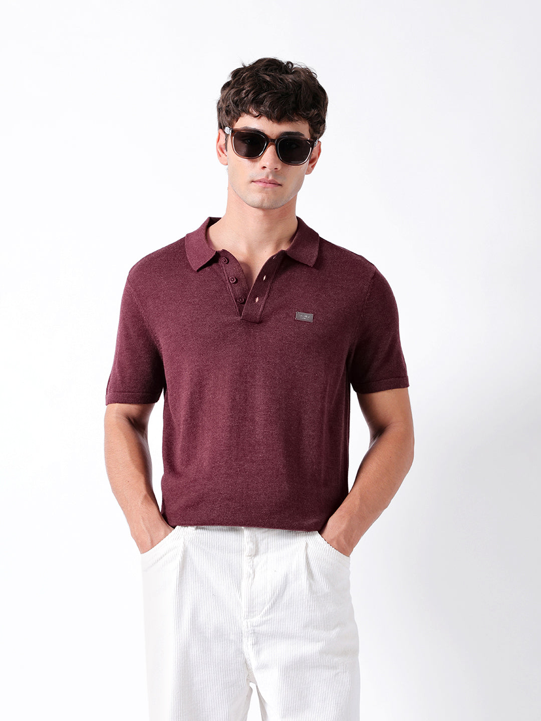 Men Maroon Solid Cotton Polo
