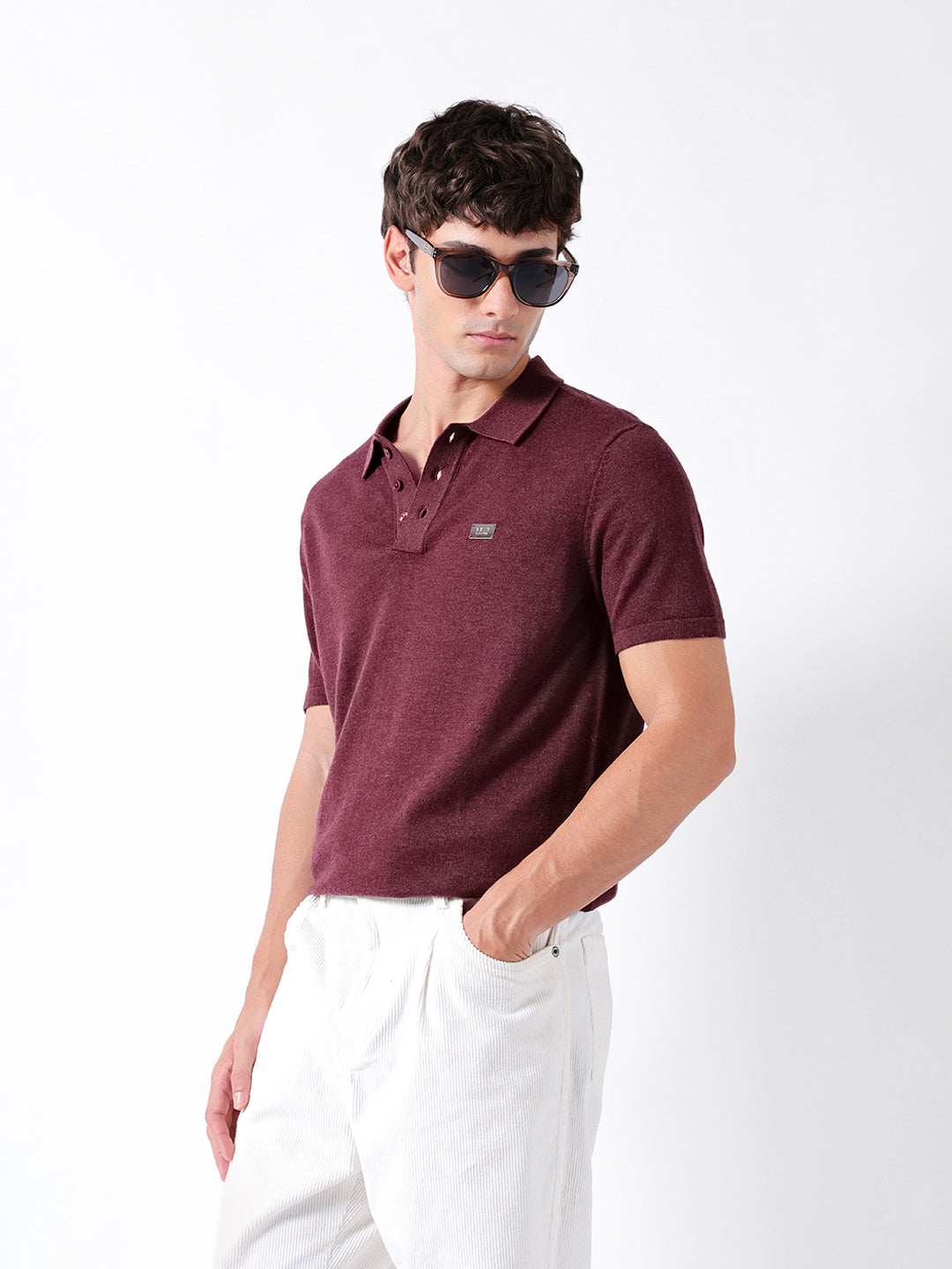 Men Maroon Solid Cotton Polo