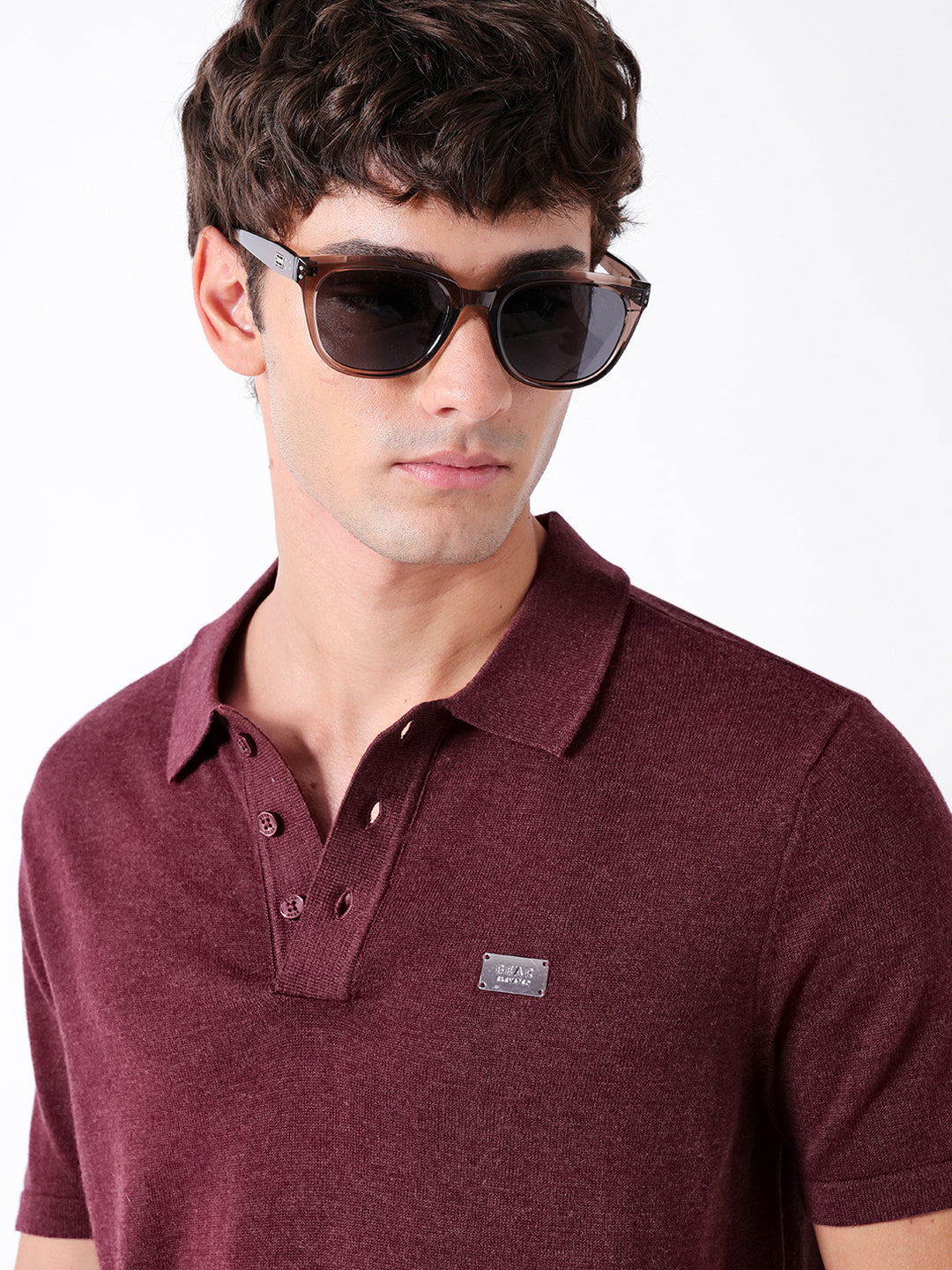 Men Maroon Solid Cotton Polo