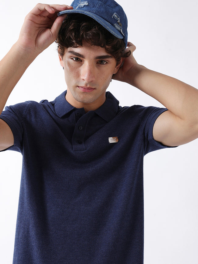Men Navy Solid Cotton Flat Knit Polo T-Shirt