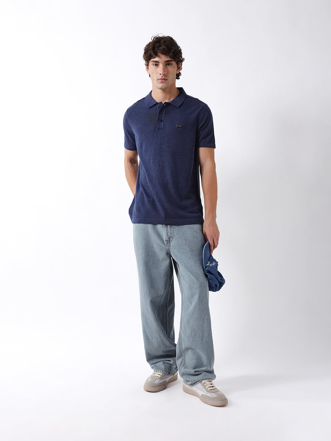 Men Navy Solid Cotton Flat Knit Polo T-Shirt