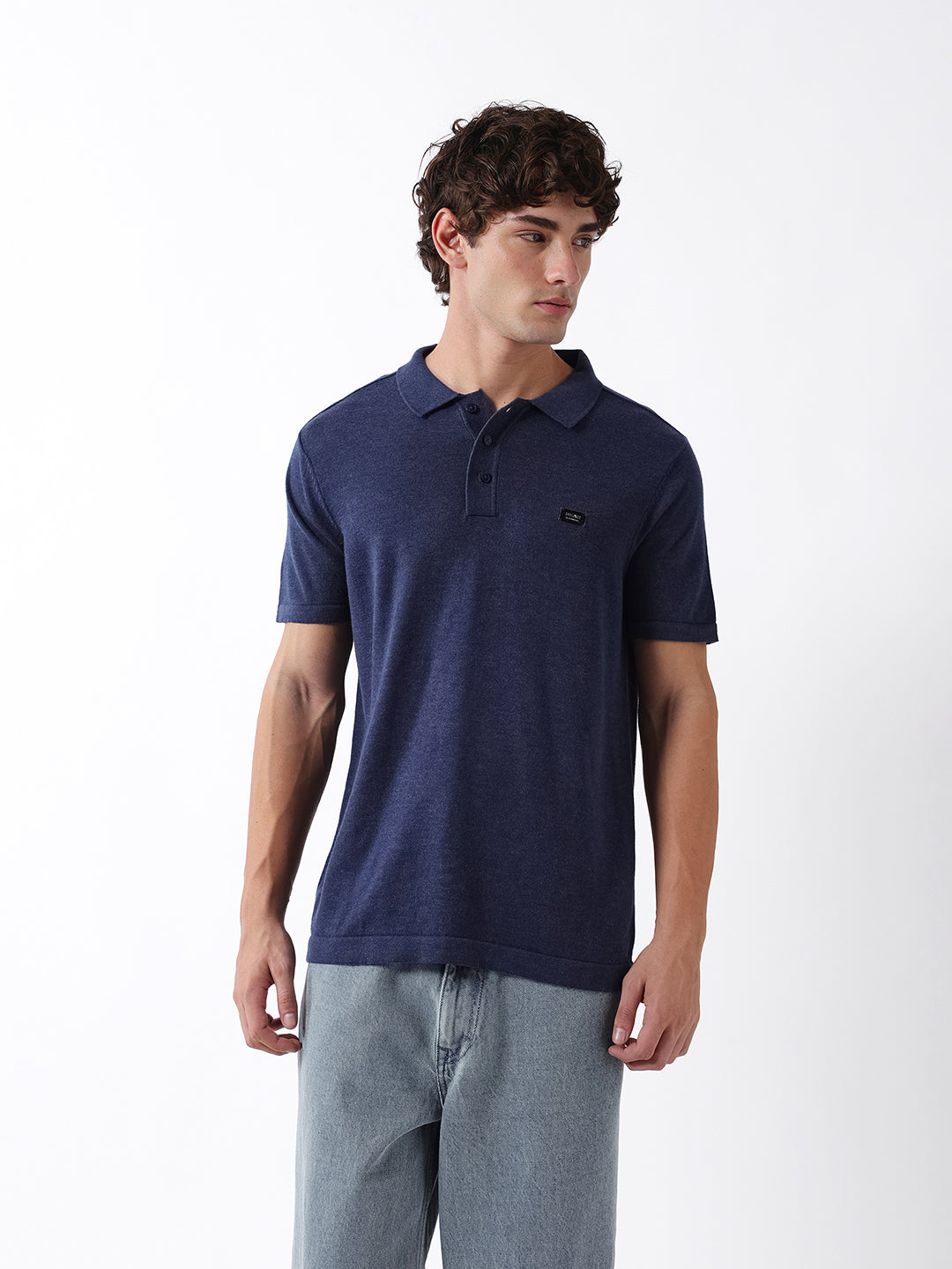 Men Navy Solid Cotton Flat Knit Polo T-Shirt