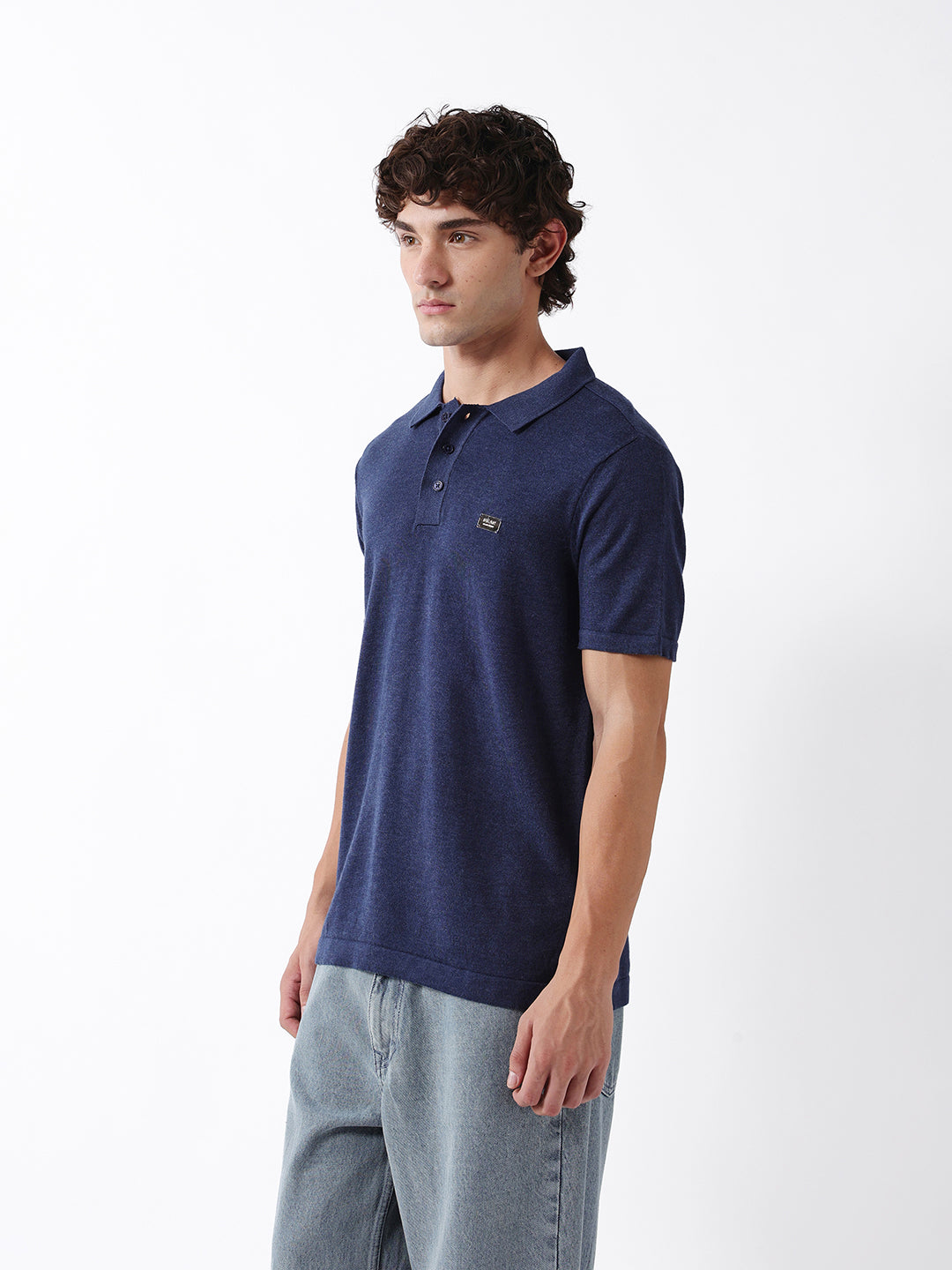 Men Navy Solid Cotton Flat Knit Polo T-Shirt