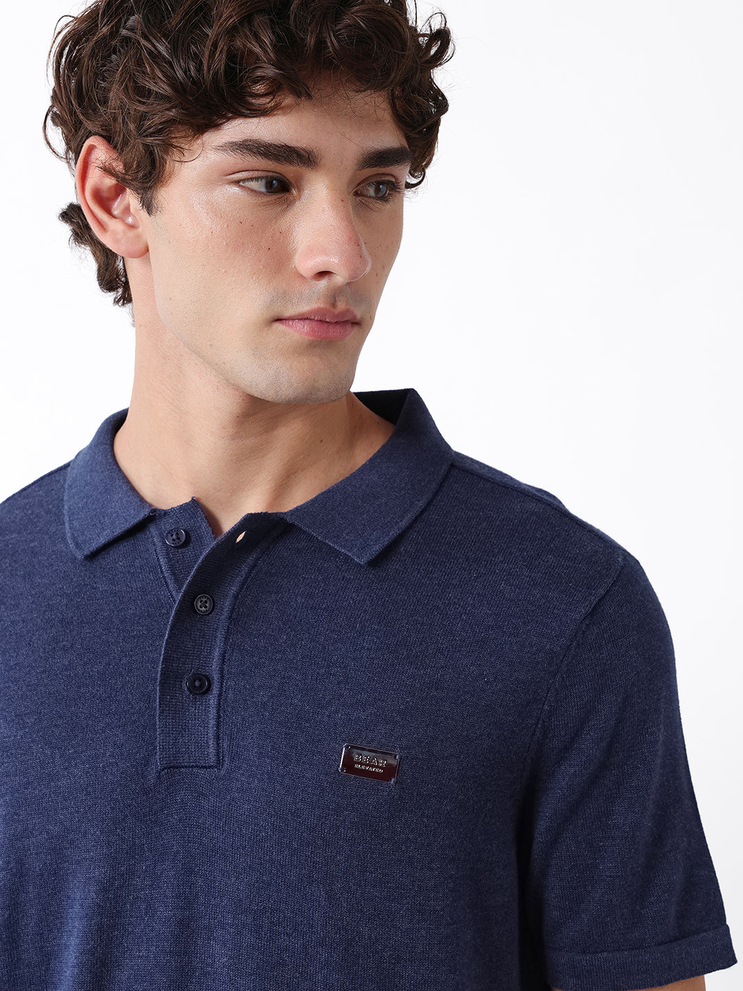 Men Navy Solid Cotton Flat Knit Polo T-Shirt