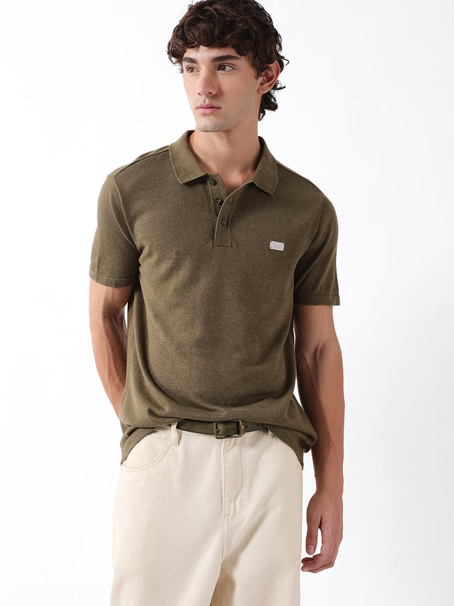 Men Olive Solid Cotton Flat Knit Polo T-Shirt