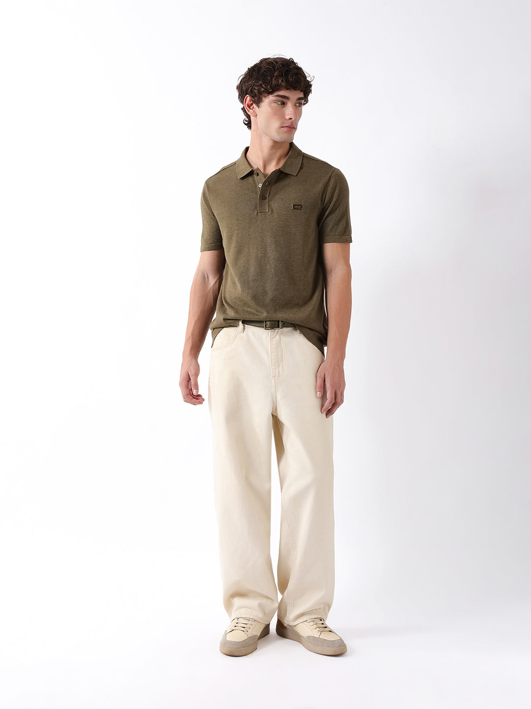 Men Olive Solid Cotton Flat Knit Polo T-Shirt