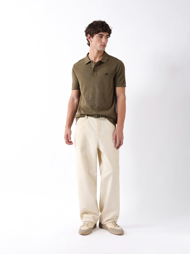 Men Olive Solid Cotton Flat Knit Polo T-Shirt