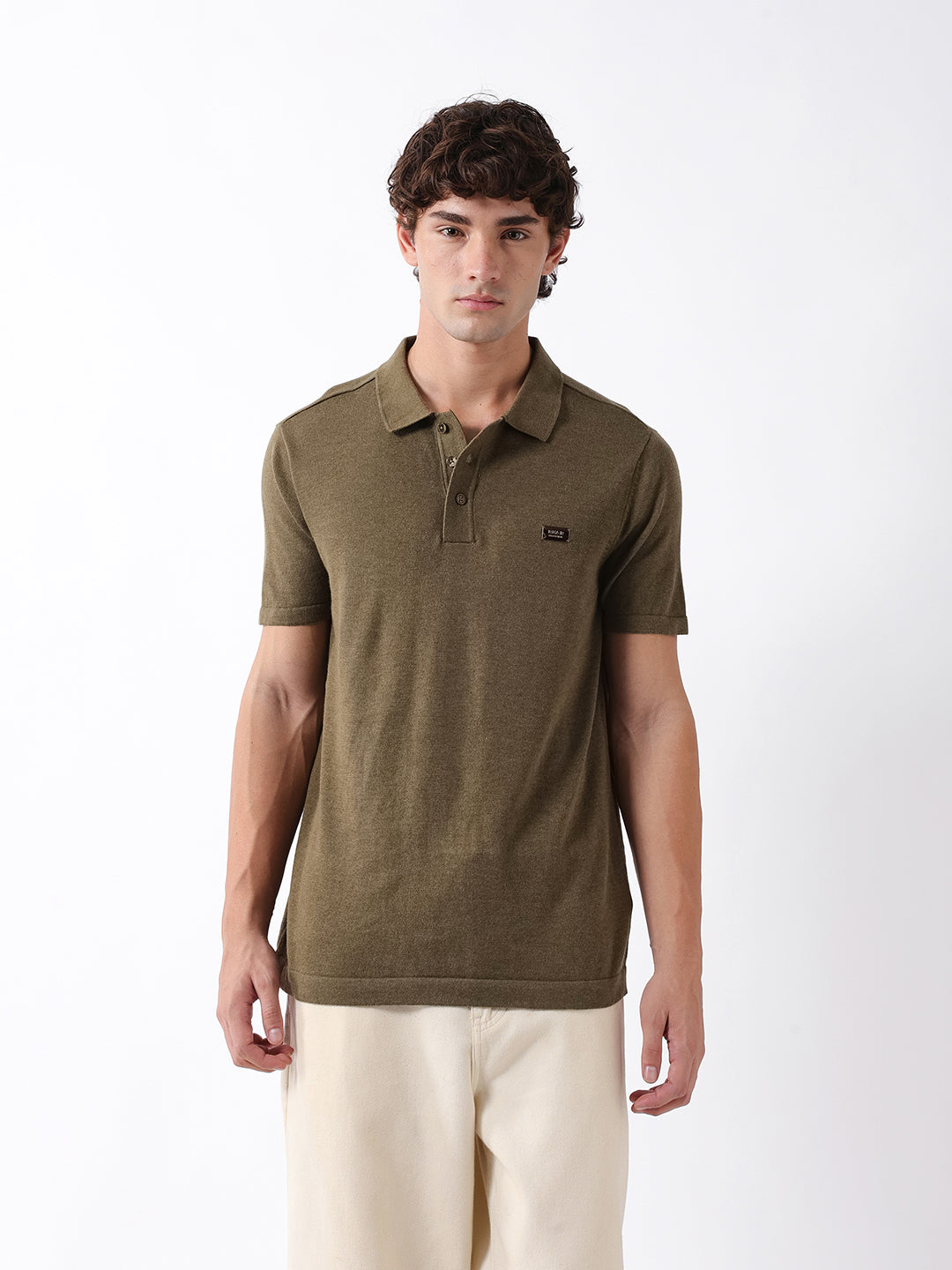 Men Olive Solid Cotton Flat Knit Polo T-Shirt