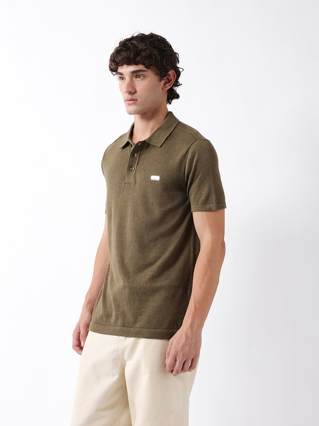 Men Olive Solid Cotton Flat Knit Polo T-Shirt