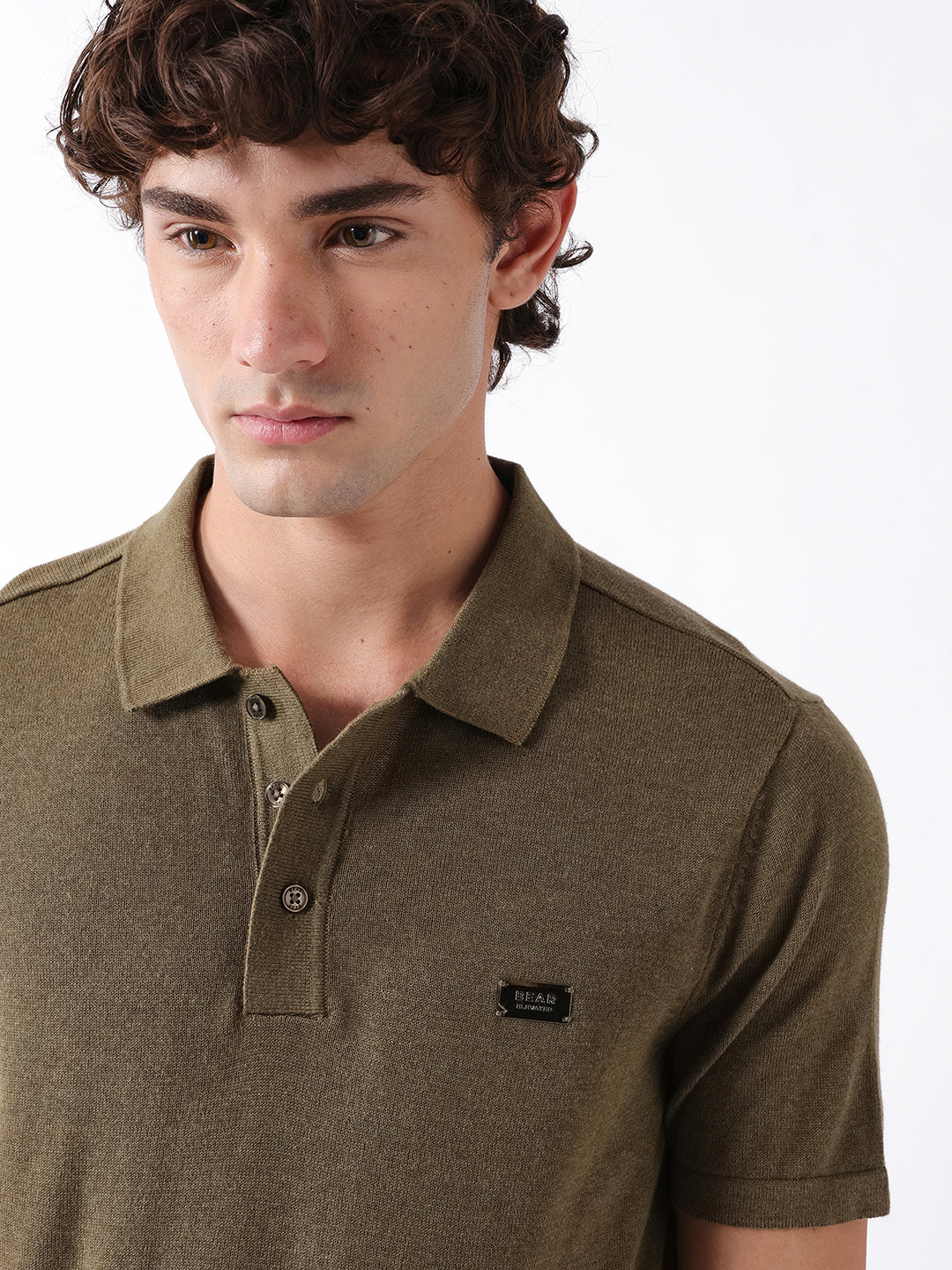 Men Olive Solid Cotton Flat Knit Polo T-Shirt