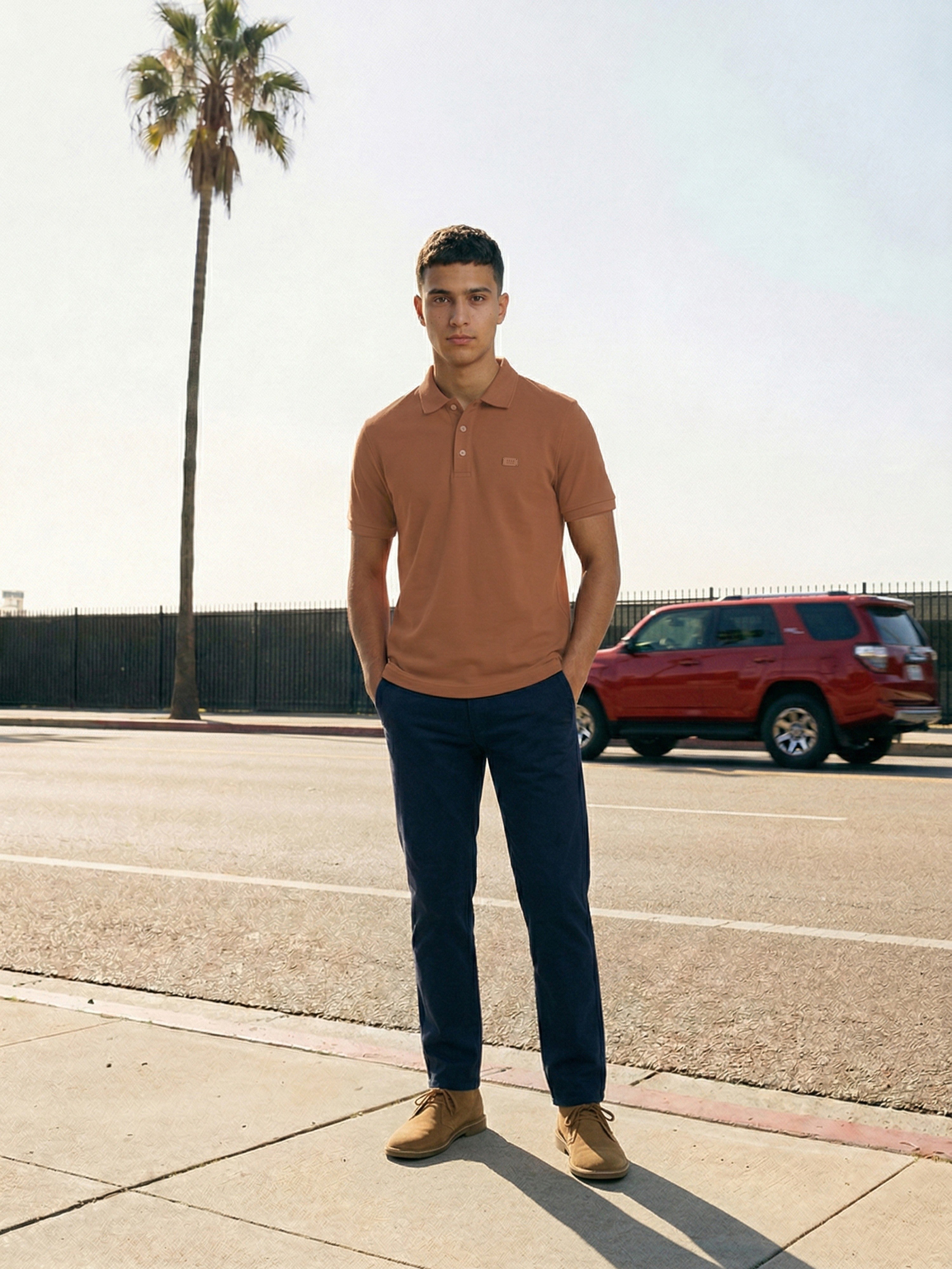 Men Mustard Solid Cotton Polo
