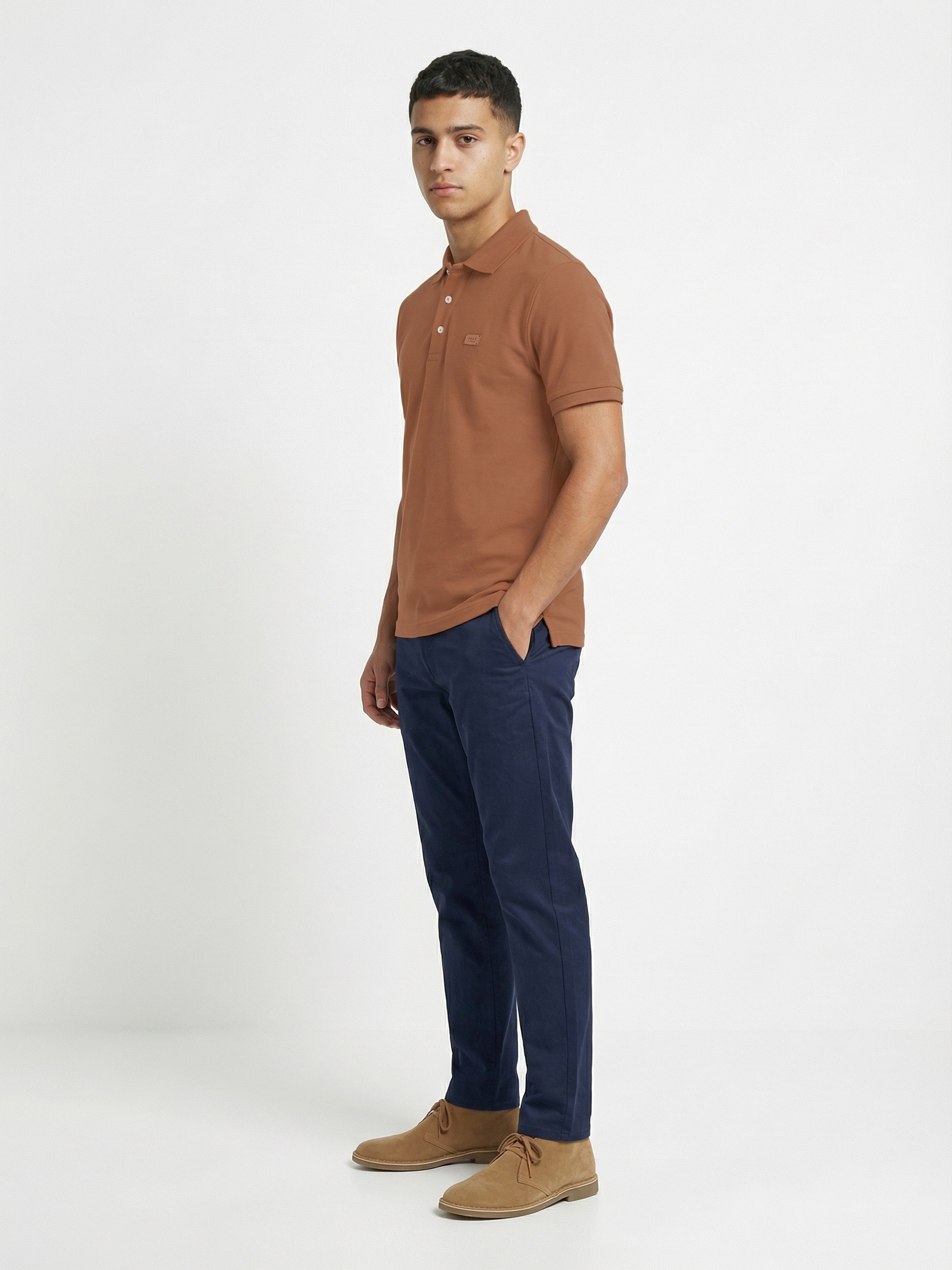 Men Mustard Solid Cotton Polo