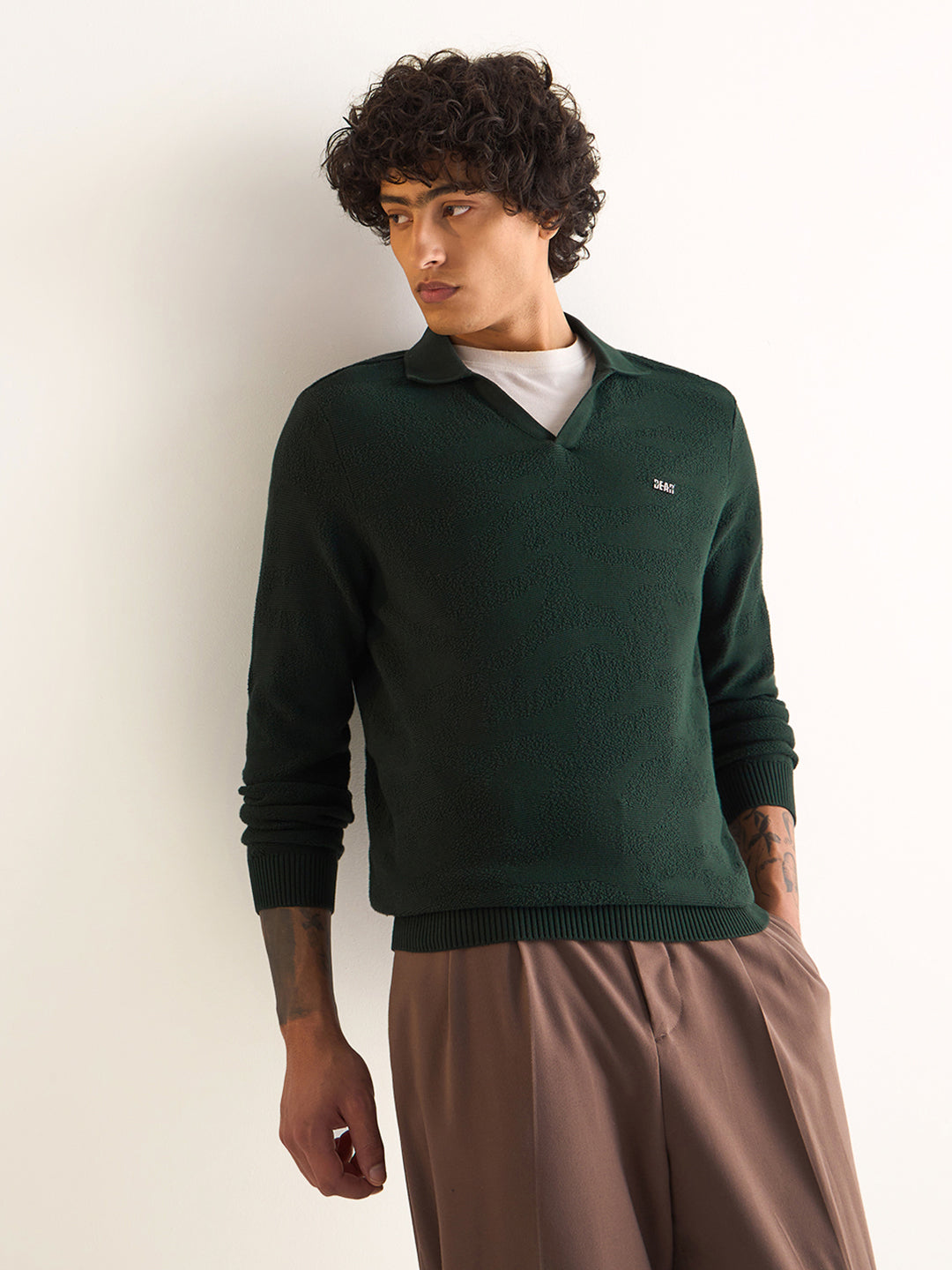 Men Green Textured Knit Slim Fit Polo