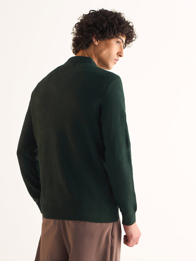 Men Green Textured Knit Slim Fit Polo