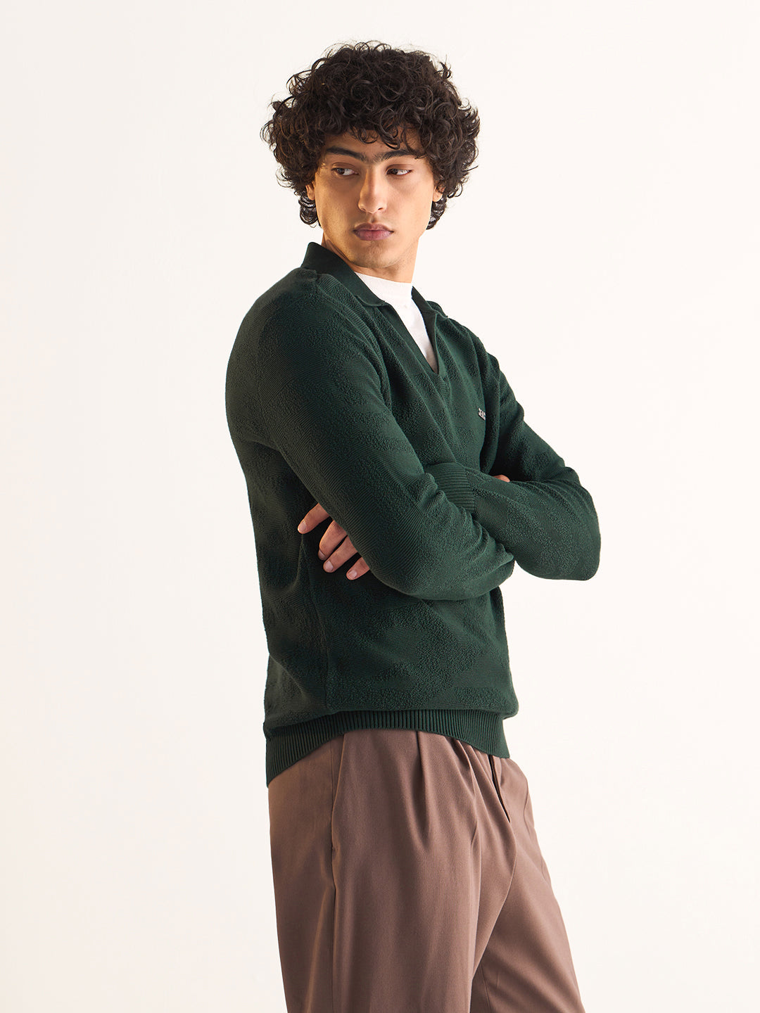 Men Green Textured Knit Slim Fit Polo