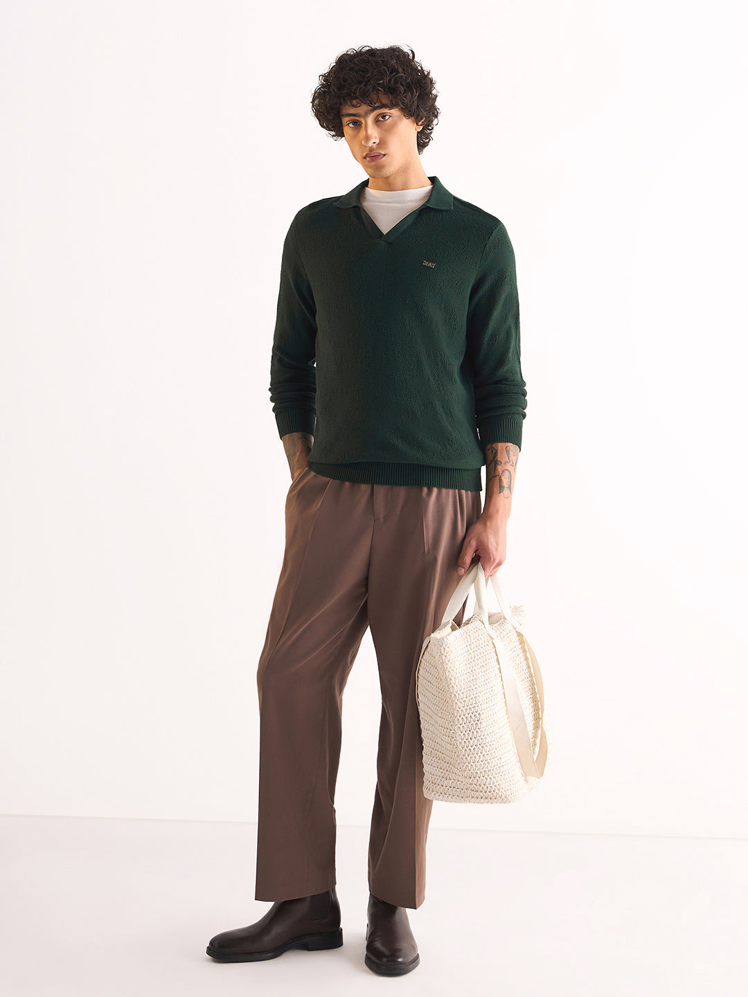 Men Green Textured Knit Slim Fit Polo