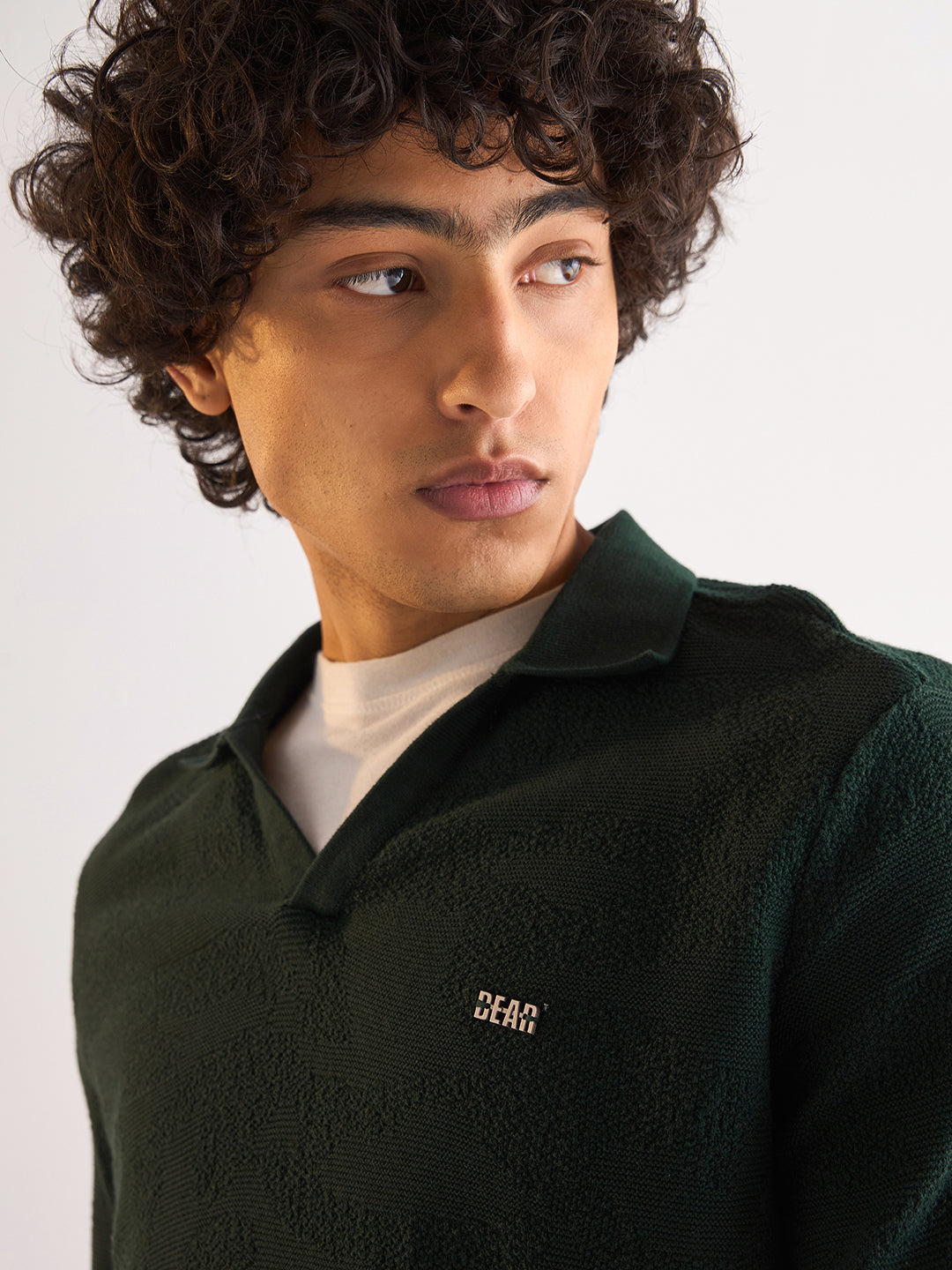 Men Green Textured Knit Slim Fit Polo