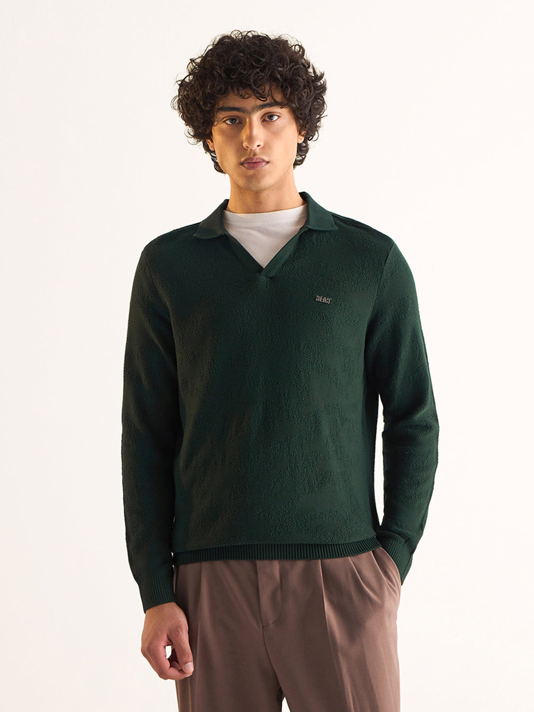 Men Green Textured Knit Slim Fit Polo
