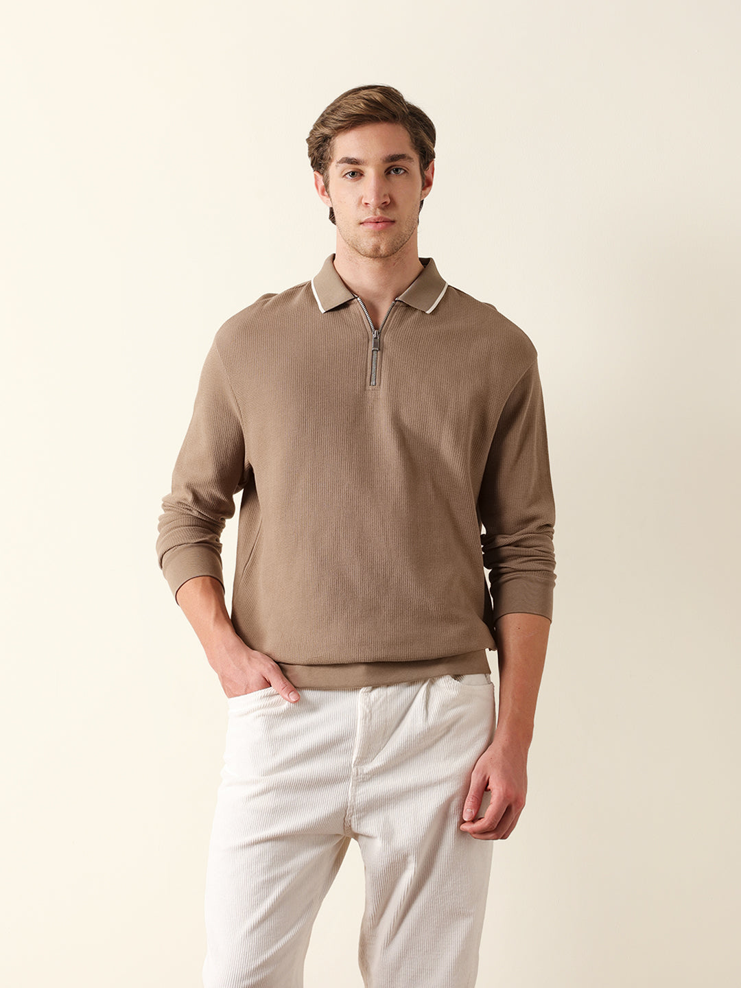 Men Brown Self Design Cotton Polo T-Shirt