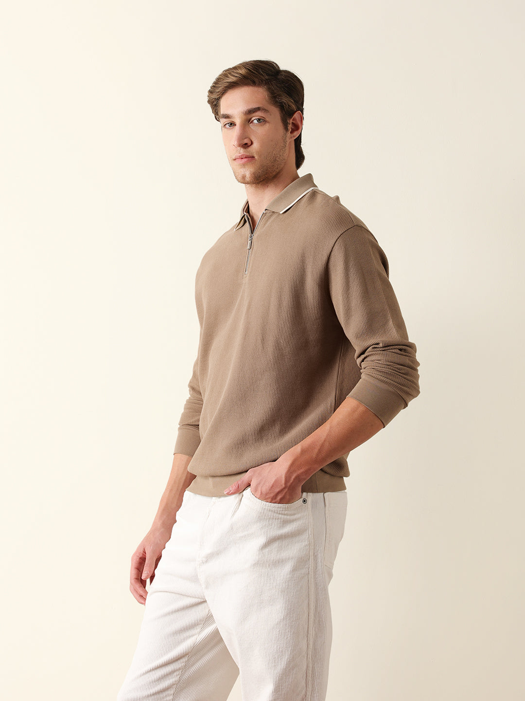 Men Brown Self Design Cotton Polo T-Shirt