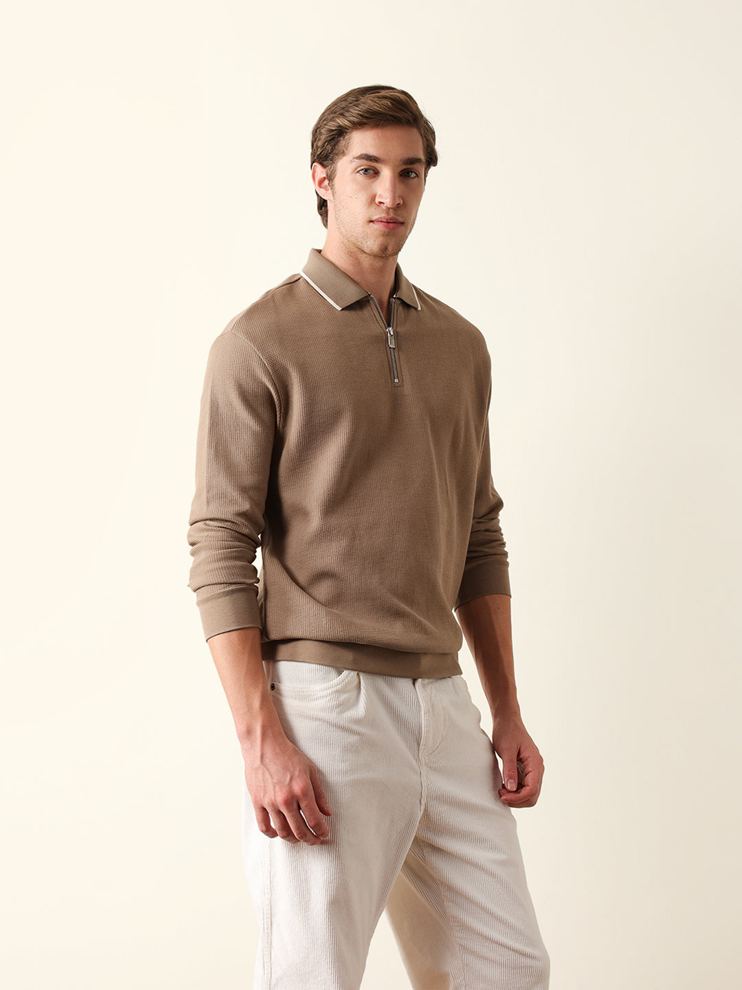 Men Brown Self Design Cotton Polo T-Shirt