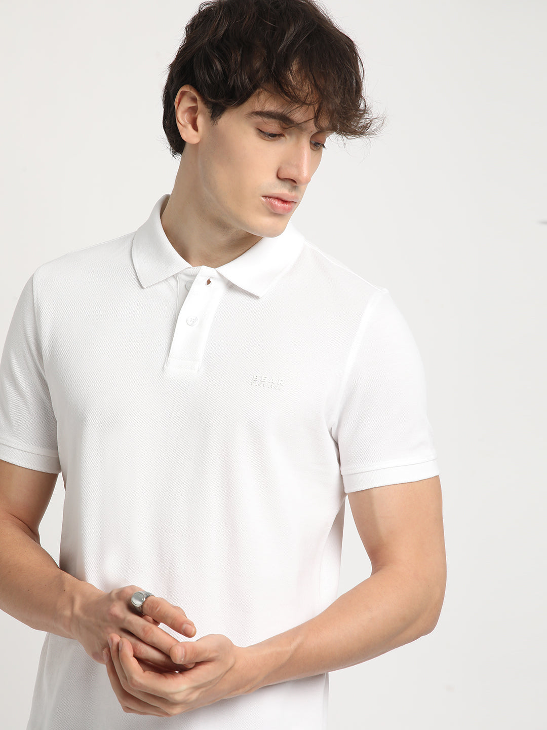 Men White Solid Slim Fit Polo Collar T-shirt