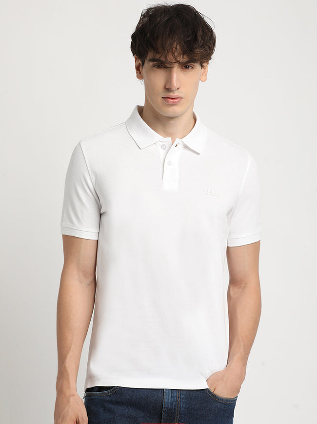 Men White Solid Slim Fit Polo Collar T-shirt