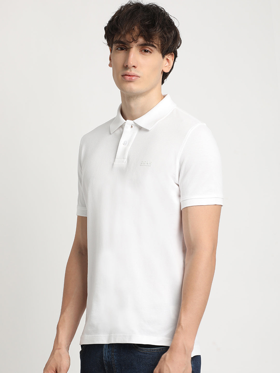 Men White Solid Slim Fit Polo Collar T-shirt