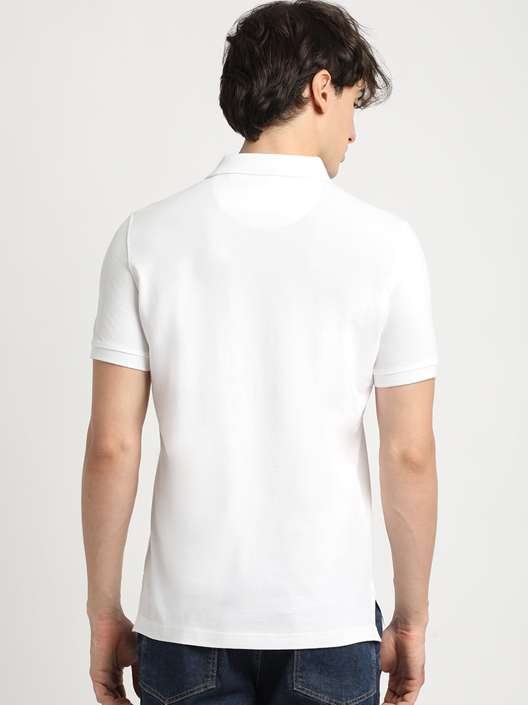 Men White Solid Slim Fit Polo Collar T-shirt
