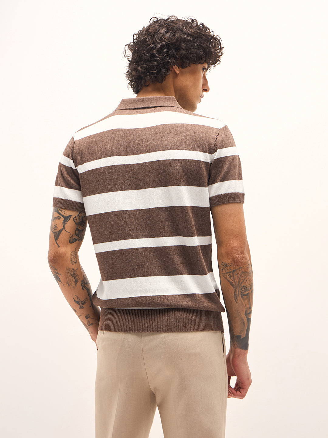 Men Brown and White Horizontal Stripes Slim Fit Polo