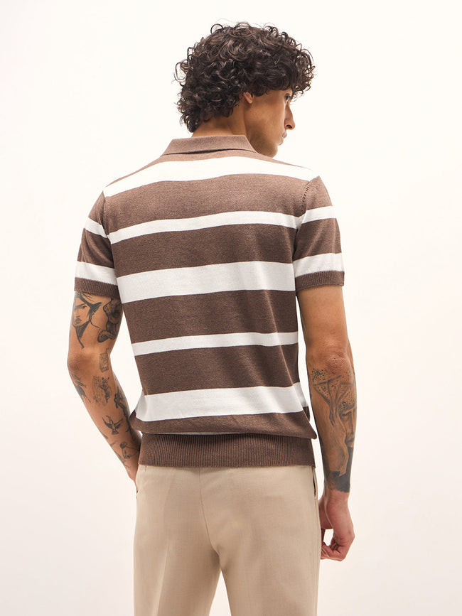 Men Brown and White Horizontal Stripes Slim Fit Polo