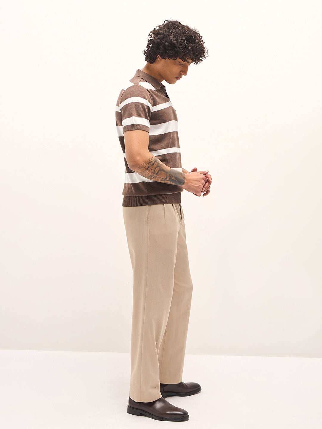 Men Brown and White Horizontal Stripes Slim Fit Polo