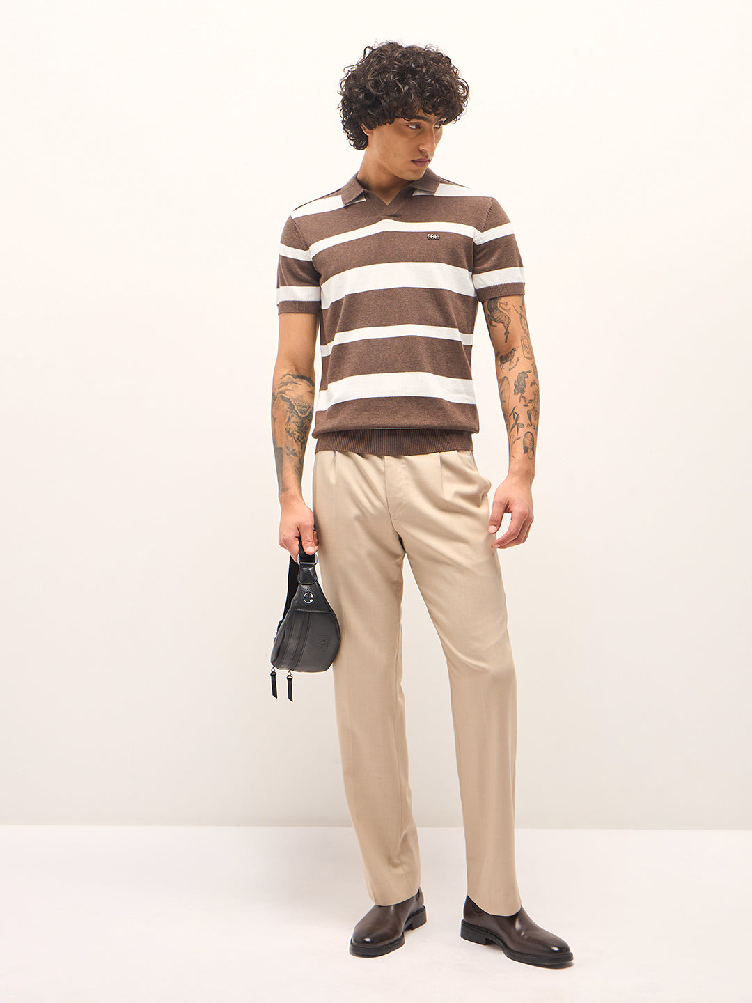 Men Brown and White Horizontal Stripes Slim Fit Polo